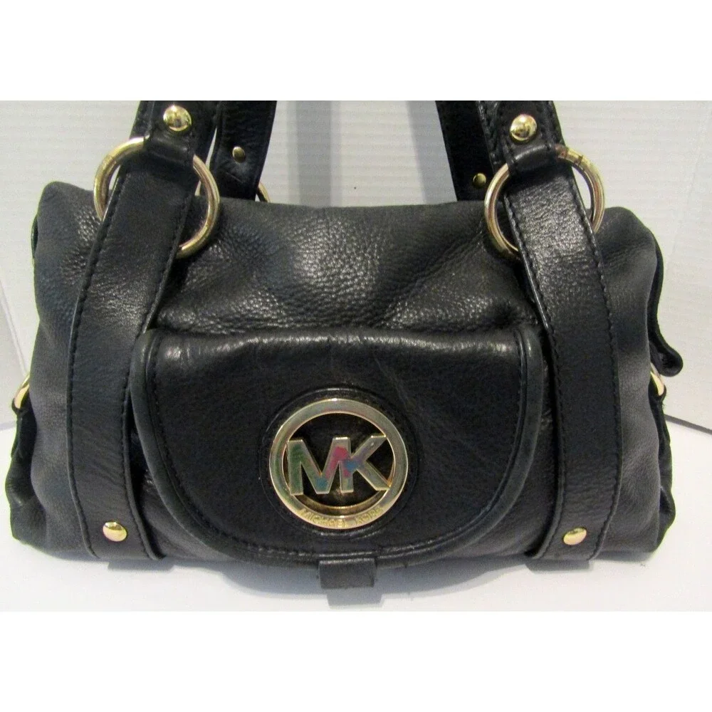 Michael Kors Satchel Bag Fulton Black Pebbled Leather Shoulder Bag Purse